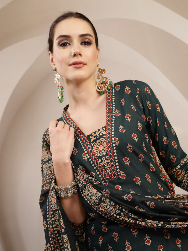 Kimayra Cotton Calf Length Printed 3/4 Sleeve V-Neck A-Line Kurta Suit Set