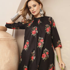 Kimayra Cotton Calf Length Printed 3/4 Sleeve Band Collar Flared Kurta Suit Set