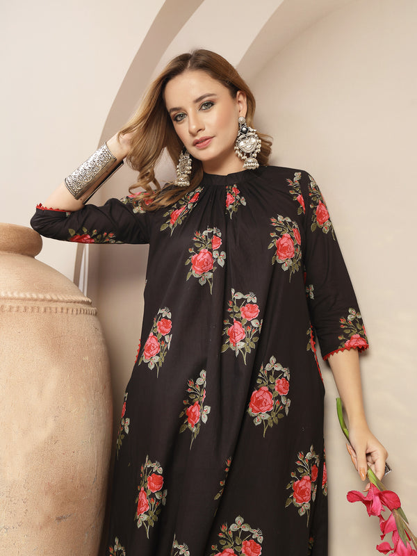 Kimayra Cotton Calf Length Printed 3/4 Sleeve Band Collar Flared Kurta Suit Set