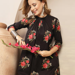 Kimayra Cotton Calf Length Printed 3/4 Sleeve Band Collar Flared Kurta Suit Set