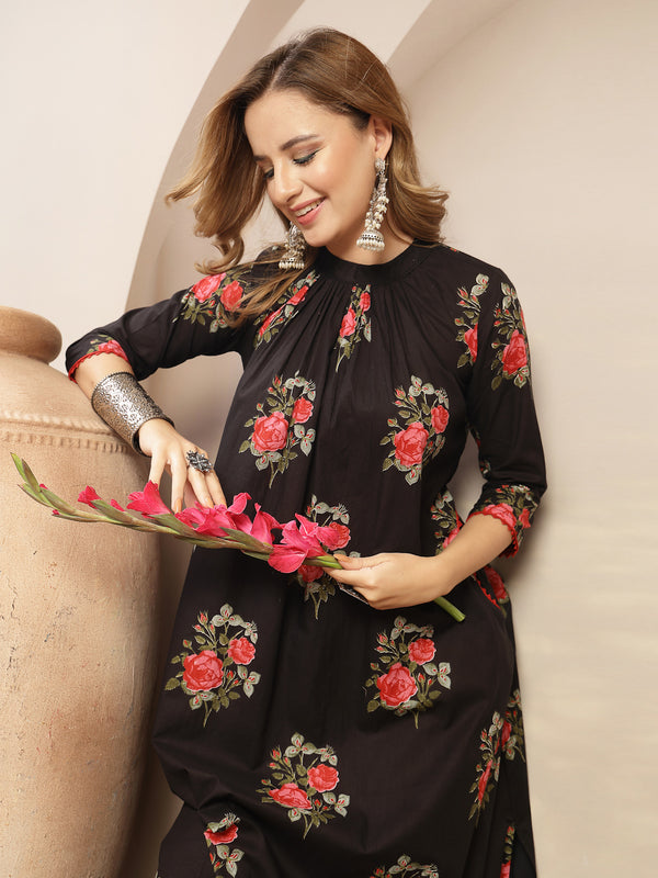 Kimayra Cotton Calf Length Printed 3/4 Sleeve Band Collar Flared Kurta Suit Set