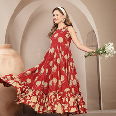 Kimayra Cotton Calf Length Printed Sleeveless Round Neck Flared Dress