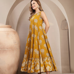 Kimayra Cotton Calf Length Printed Sleeveless Round Neck Flared Dress
