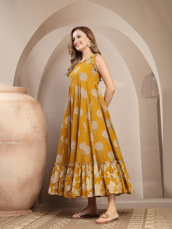 Kimayra Cotton Calf Length Printed Sleeveless Round Neck Flared Dress