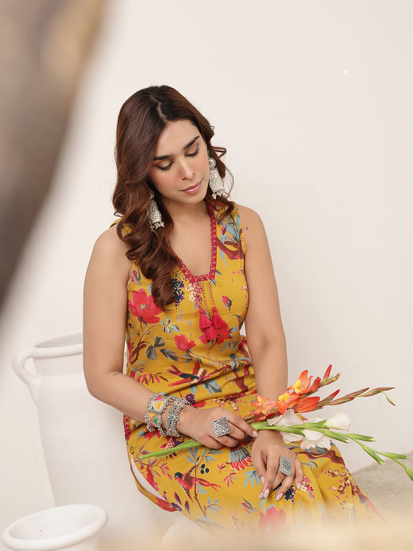 Kimayra Cotton Calf Length Printed Sleeveless V-Neck Straight Kurta