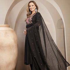 Kimayra Cotton Calf Length Solid 3/4 Sleeve V-Neck Flared Kurta Suit Set
