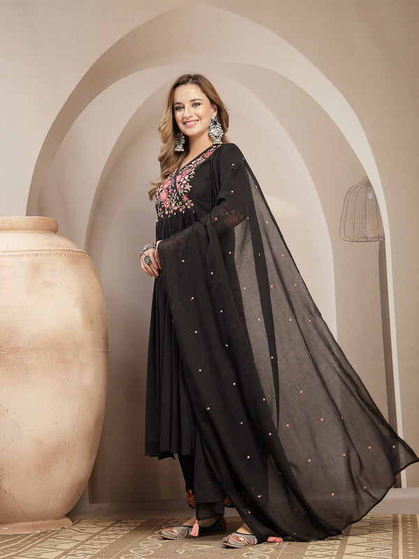 Kimayra Cotton Calf Length Solid 3/4 Sleeve V-Neck Flared Kurta Suit Set