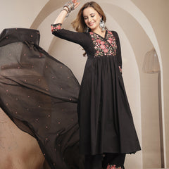 Kimayra Cotton Calf Length Solid 3/4 Sleeve V-Neck Flared Kurta Suit Set