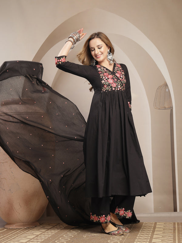Kimayra Cotton Calf Length Solid 3/4 Sleeve V-Neck Flared Kurta Suit Set