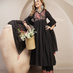 Kimayra Cotton Calf Length Solid 3/4 Sleeve V-Neck Flared Kurta Suit Set