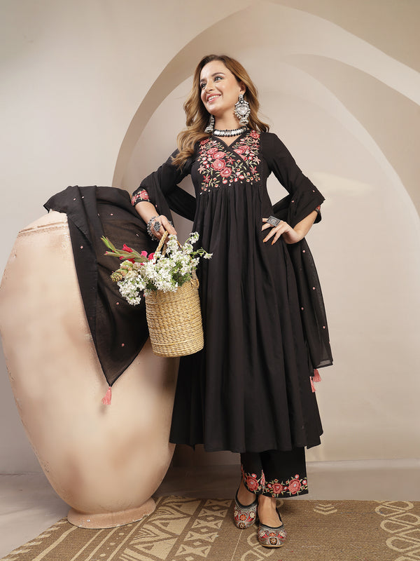 Kimayra Cotton Calf Length Solid 3/4 Sleeve V-Neck Flared Kurta Suit Set