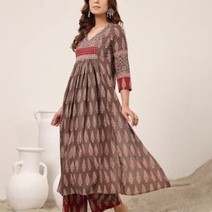 Kimayra Cotton Calf Length Printed 3/4 Sleeve V-Neck Flared Kurta Suit Set