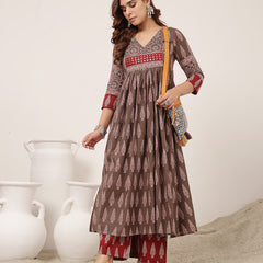 Kimayra Cotton Calf Length Printed 3/4 Sleeve V-Neck Flared Kurta Suit Set