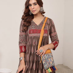Kimayra Cotton Calf Length Printed 3/4 Sleeve V-Neck Flared Kurta Suit Set