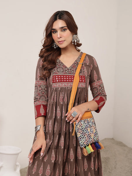 Kimayra Cotton Calf Length Printed 3/4 Sleeve V-Neck Flared Kurta Suit Set