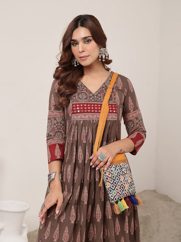 Kimayra Cotton Calf Length Printed 3/4 Sleeve V-Neck Flared Kurta Suit Set