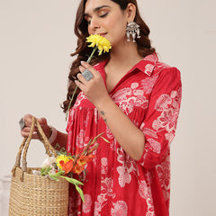 Kimayra Cotton Knee Length Printed 3/4 Sleeve Shirt Collar Flared Dress
