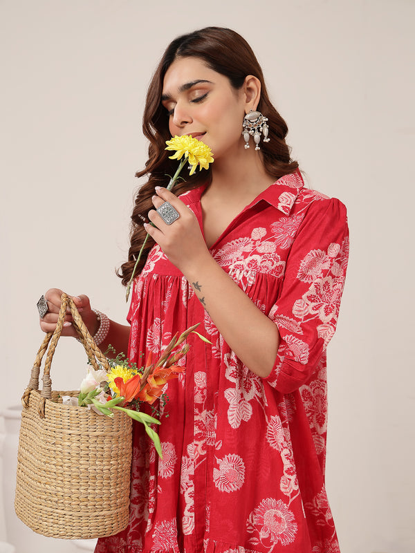 Kimayra Cotton Knee Length Printed 3/4 Sleeve Shirt Collar Flared Dress