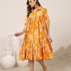 Kimayra Cotton Knee Length Printed 3/4 Sleeve Shirt Collar Flared Dress