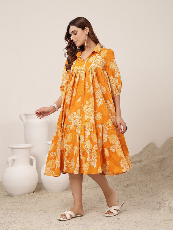 Kimayra Cotton Knee Length Printed 3/4 Sleeve Shirt Collar Flared Dress