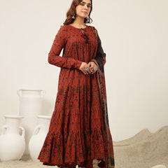 Kimayra Cotton Ankle Length Printed Full Sleeve Key Hole Neck Flared Kurta Suit Set