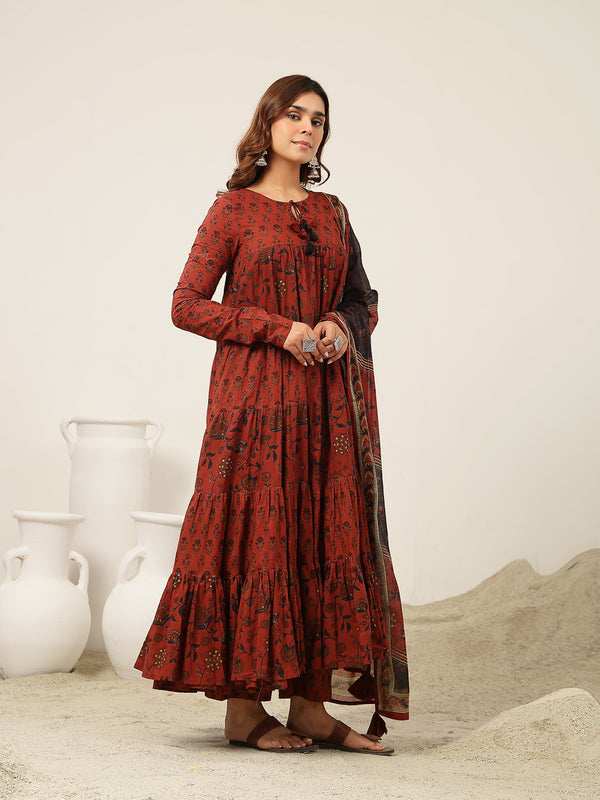 Kimayra Cotton Ankle Length Printed Full Sleeve Key Hole Neck Flared Kurta Suit Set