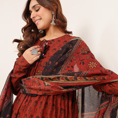 Kimayra Cotton Ankle Length Printed Full Sleeve Key Hole Neck Flared Kurta Suit Set