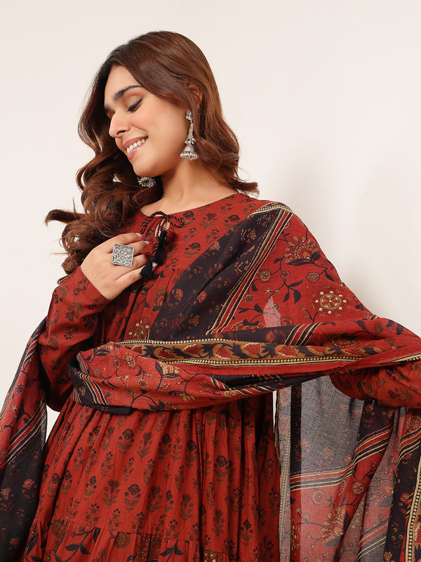 Kimayra Cotton Ankle Length Printed Full Sleeve Key Hole Neck Flared Kurta Suit Set