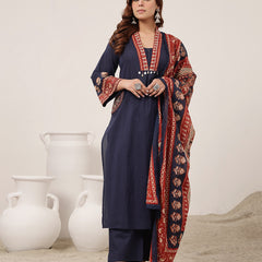 Kimayra Cotton Calf Length Solid 3/4 Sleeve V-Neck Flared Kurta Suit Set