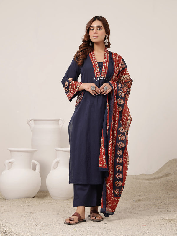 Kimayra Cotton Calf Length Solid 3/4 Sleeve V-Neck Flared Kurta Suit Set