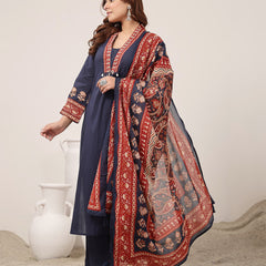 Kimayra Cotton Calf Length Solid 3/4 Sleeve V-Neck Flared Kurta Suit Set