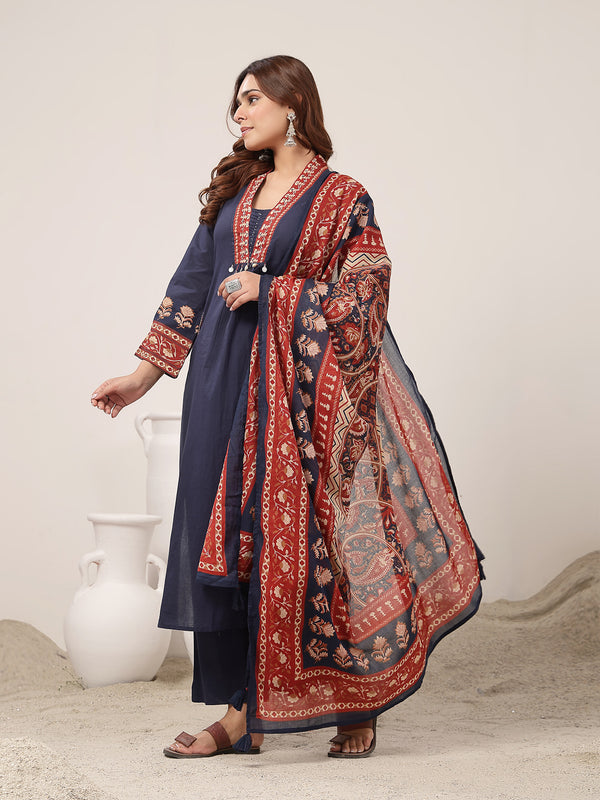 Kimayra Cotton Calf Length Solid 3/4 Sleeve V-Neck Flared Kurta Suit Set