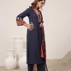 Kimayra Cotton Calf Length Solid 3/4 Sleeve V-Neck Flared Kurta Suit Set
