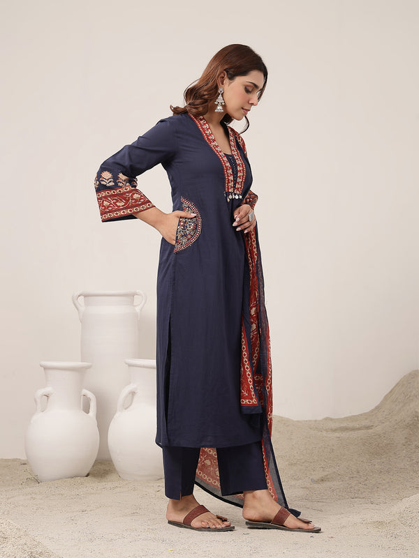 Kimayra Cotton Calf Length Solid 3/4 Sleeve V-Neck Flared Kurta Suit Set