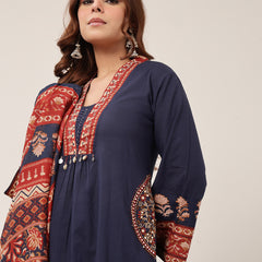 Kimayra Cotton Calf Length Solid 3/4 Sleeve V-Neck Flared Kurta Suit Set