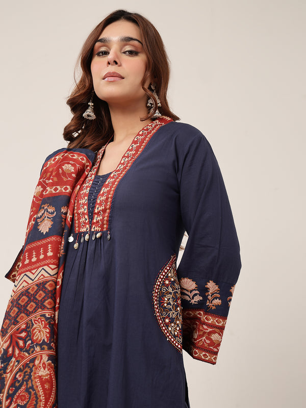 Kimayra Cotton Calf Length Solid 3/4 Sleeve V-Neck Flared Kurta Suit Set
