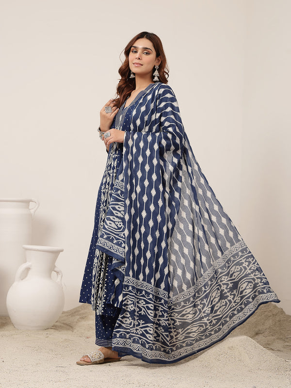 Kimayra Rayon Calf Length Printed 3/4 Sleeve V-Neck Straight Kurta Suit Set