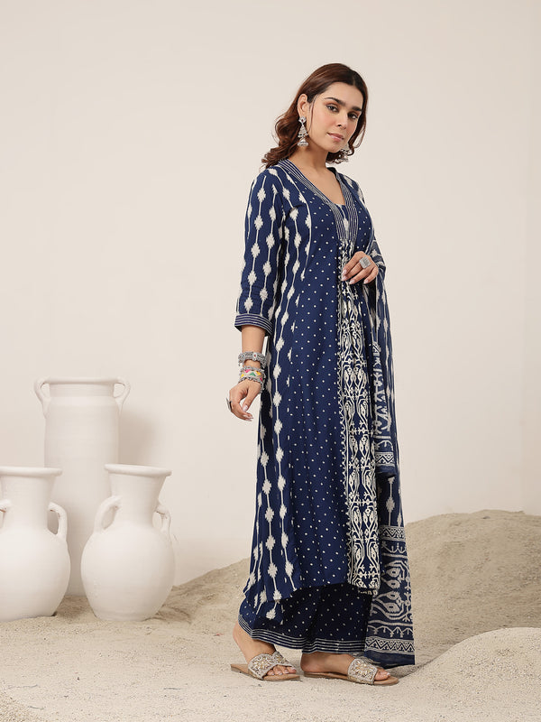 Kimayra Rayon Calf Length Printed 3/4 Sleeve V-Neck Straight Kurta Suit Set
