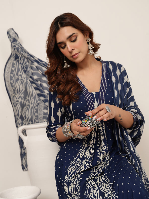 Kimayra Rayon Calf Length Printed 3/4 Sleeve V-Neck Straight Kurta Suit Set