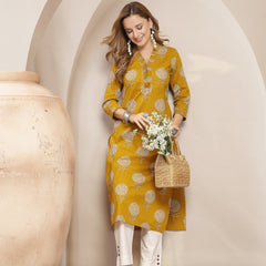 Kimayra Cotton Calf Length Printed 3/4 Sleeve V-Neck Straight Kurta