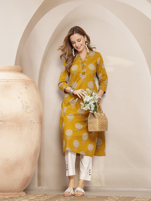 Kimayra Cotton Calf Length Printed 3/4 Sleeve V-Neck Straight Kurta
