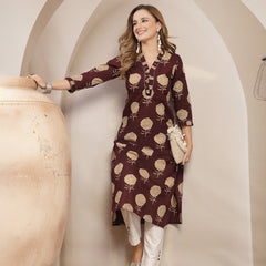 Kimayra Cotton Calf Length Printed 3/4 Sleeve V-Neck Straight Kurta