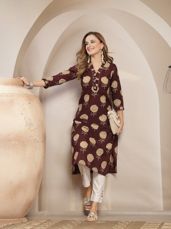 Kimayra Cotton Calf Length Printed 3/4 Sleeve V-Neck Straight Kurta