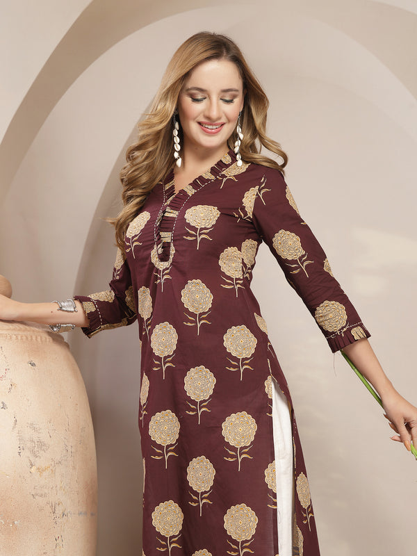 Kimayra Cotton Calf Length Printed 3/4 Sleeve V-Neck Straight Kurta
