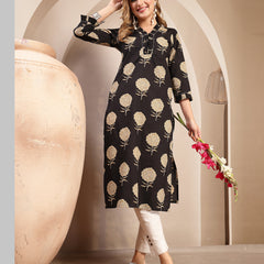 Kimayra Cotton Calf Length Printed 3/4 Sleeve V-Neck Straight Kurta
