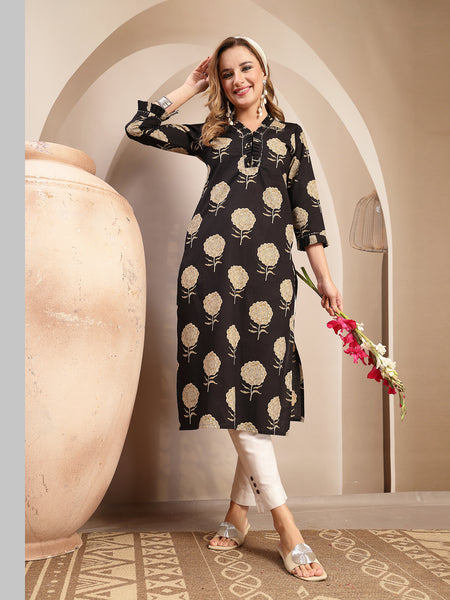 Kimayra Cotton Calf Length Printed 3/4 Sleeve V-Neck Straight Kurta