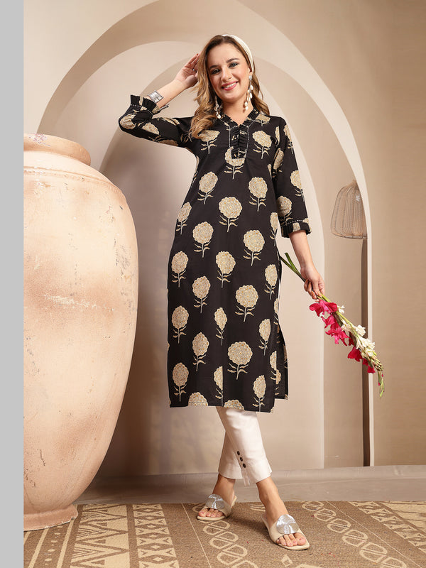 Kimayra Cotton Calf Length Printed 3/4 Sleeve V-Neck Straight Kurta