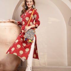 Kimayra Cotton Calf Length Printed 3/4 Sleeve V-Neck Straight Kurta