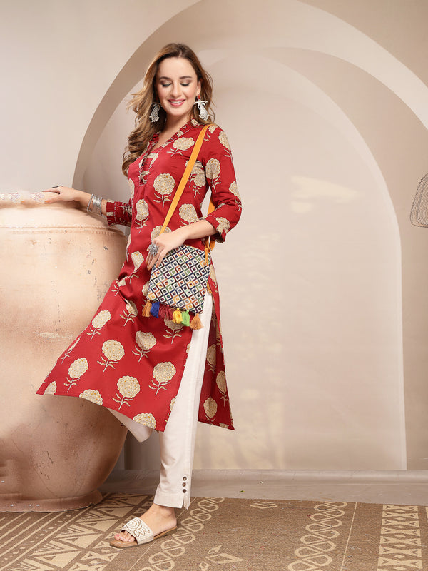 Kimayra Cotton Calf Length Printed 3/4 Sleeve V-Neck Straight Kurta