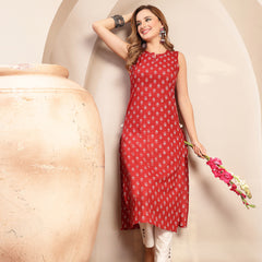 Kimayra Cotton Calf Length Printed Sleeveless Round Neck Straight Kurta